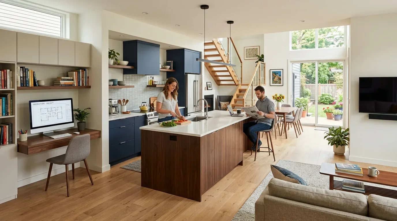 A modern open-concept living space featuring a kitchen with a large island, a dining area, a small home office nook, and a living room with large windows and a staircase