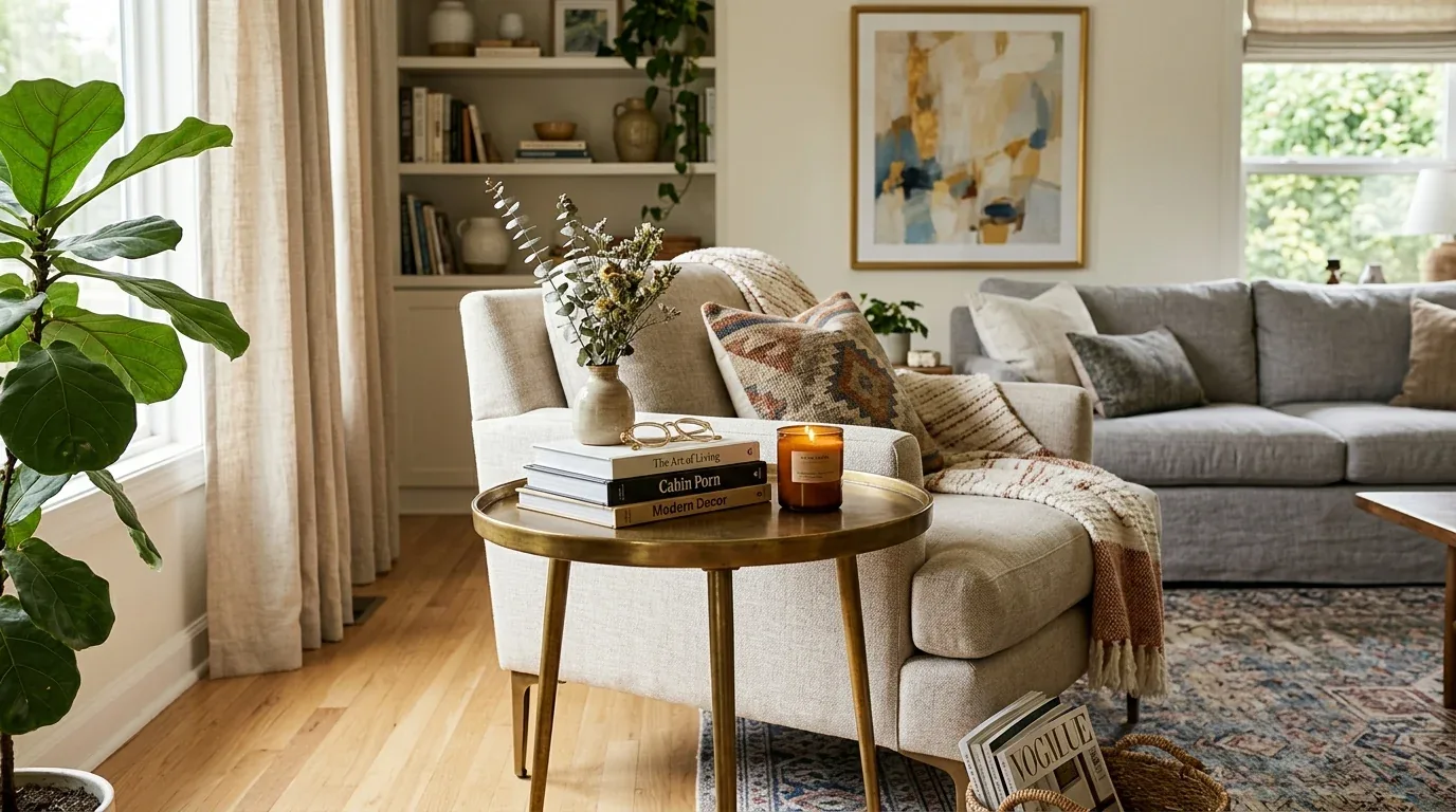 A cozy living room with a beige armchair, a round brass side table holding books and a candle, a gray sofa, a patterned rug, and a large green plant near a window