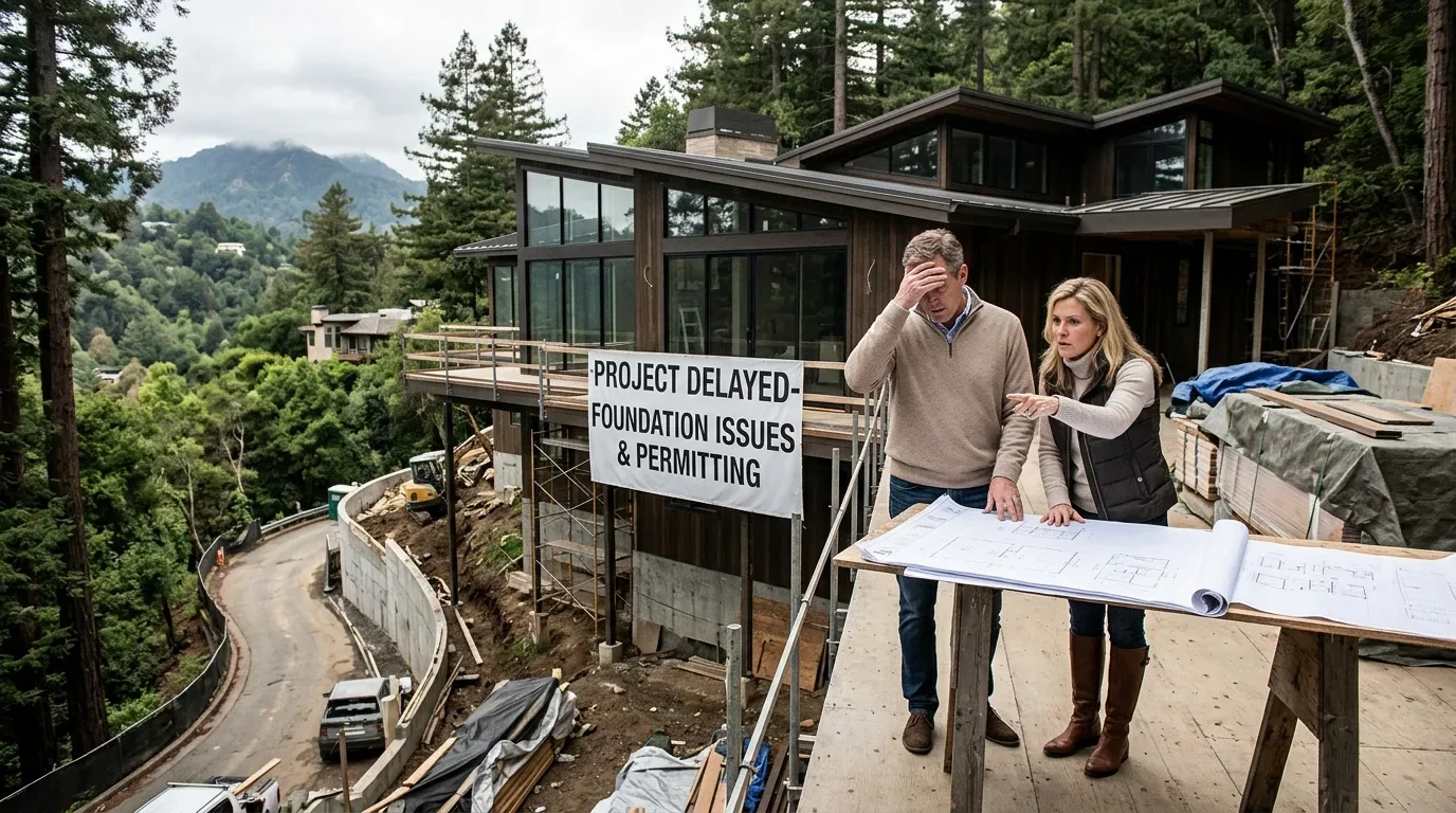 Two people reviewing blueprints outside a modern house under construction with a sign about project delays