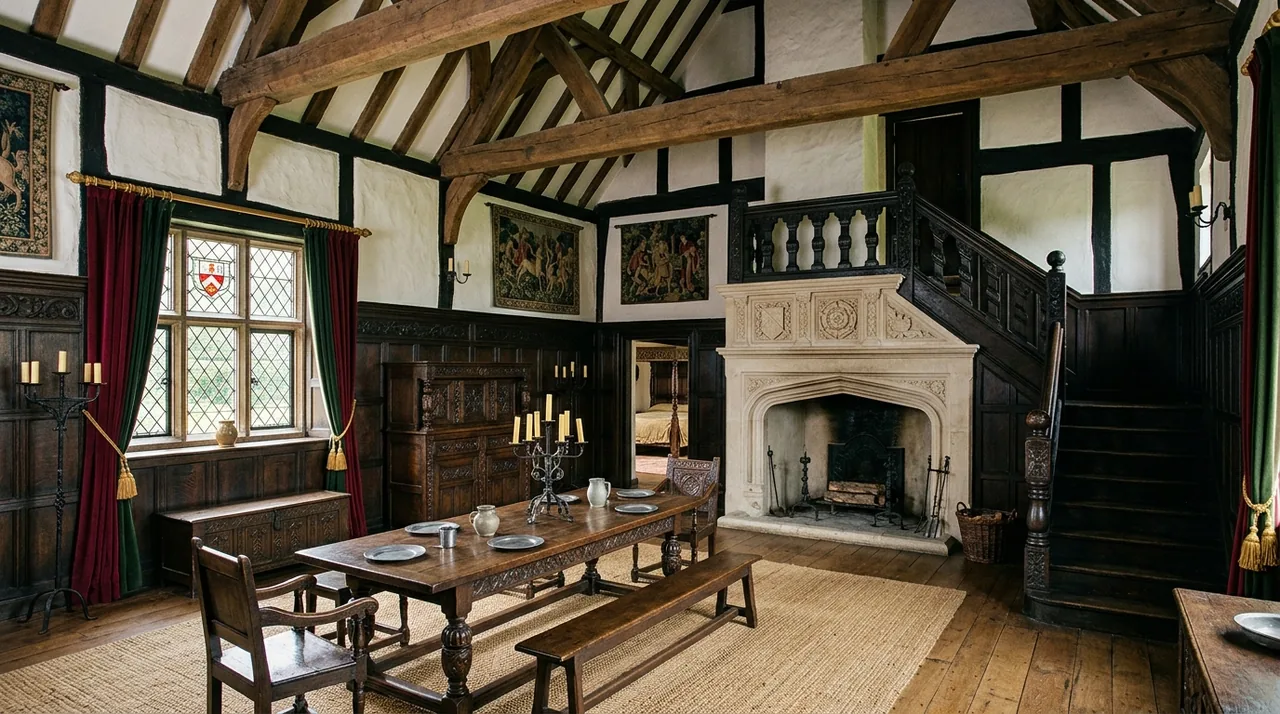 A traditional dining room with exposed wooden beams, dark wood paneling, a large stone fireplace, and medieval-style