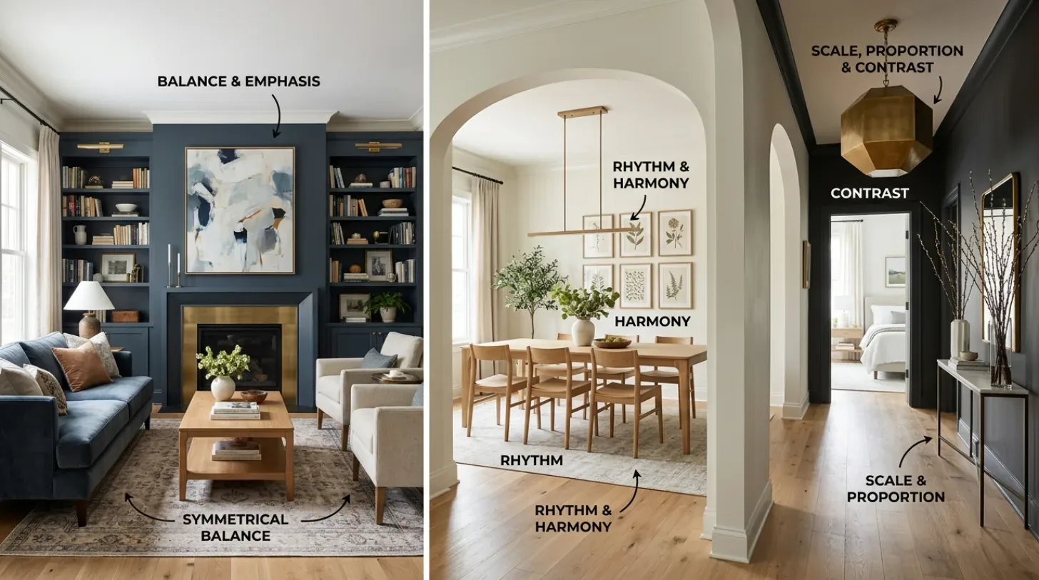 A cozy living room with exposed wooden beams, a fireplace, a large bookshelf, and a mix of traditional and rustic