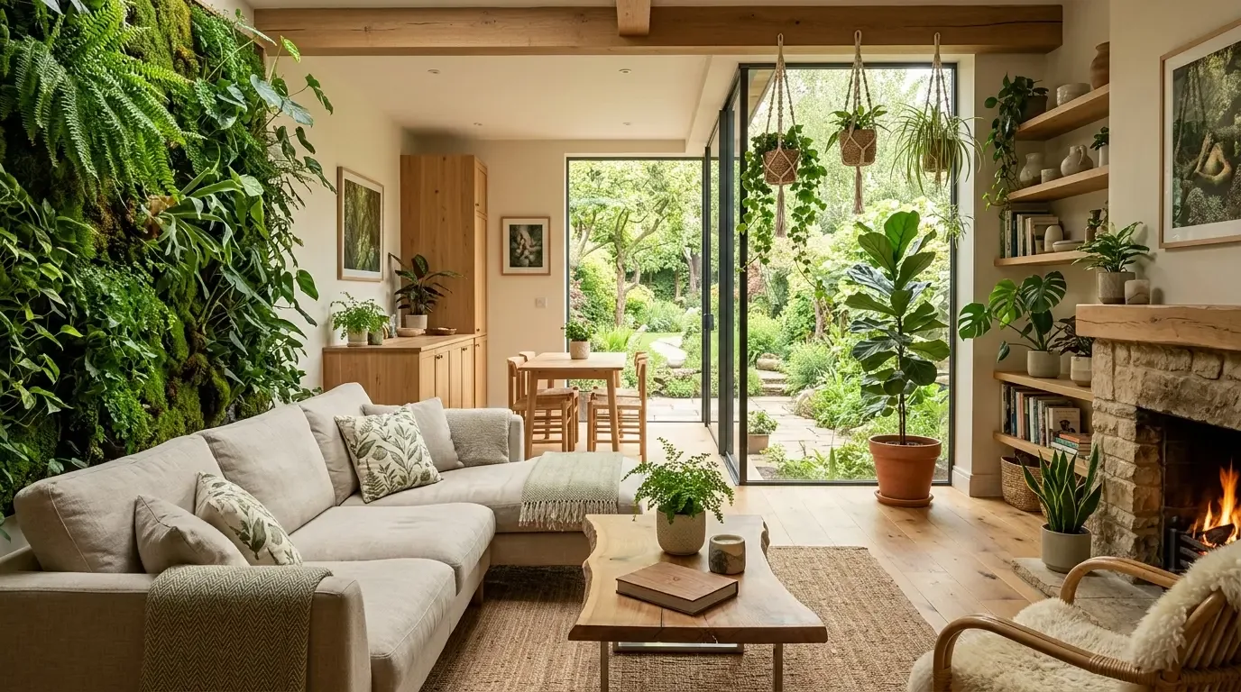 A cozy living room with a beige sectional sofa, indoor plants, a stone fireplace, wooden furniture, and large glass doors opening to a lush garden