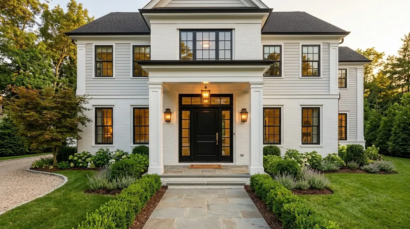 Front exterior view of a large two-story white house with black-framed windows, a black front door, and a landscaped garden with a stone pathway