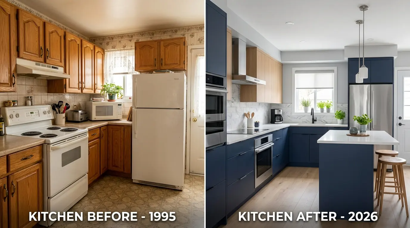 Side-by-side comparison of a kitchen before renovation in 1995 and after renovation in 2026