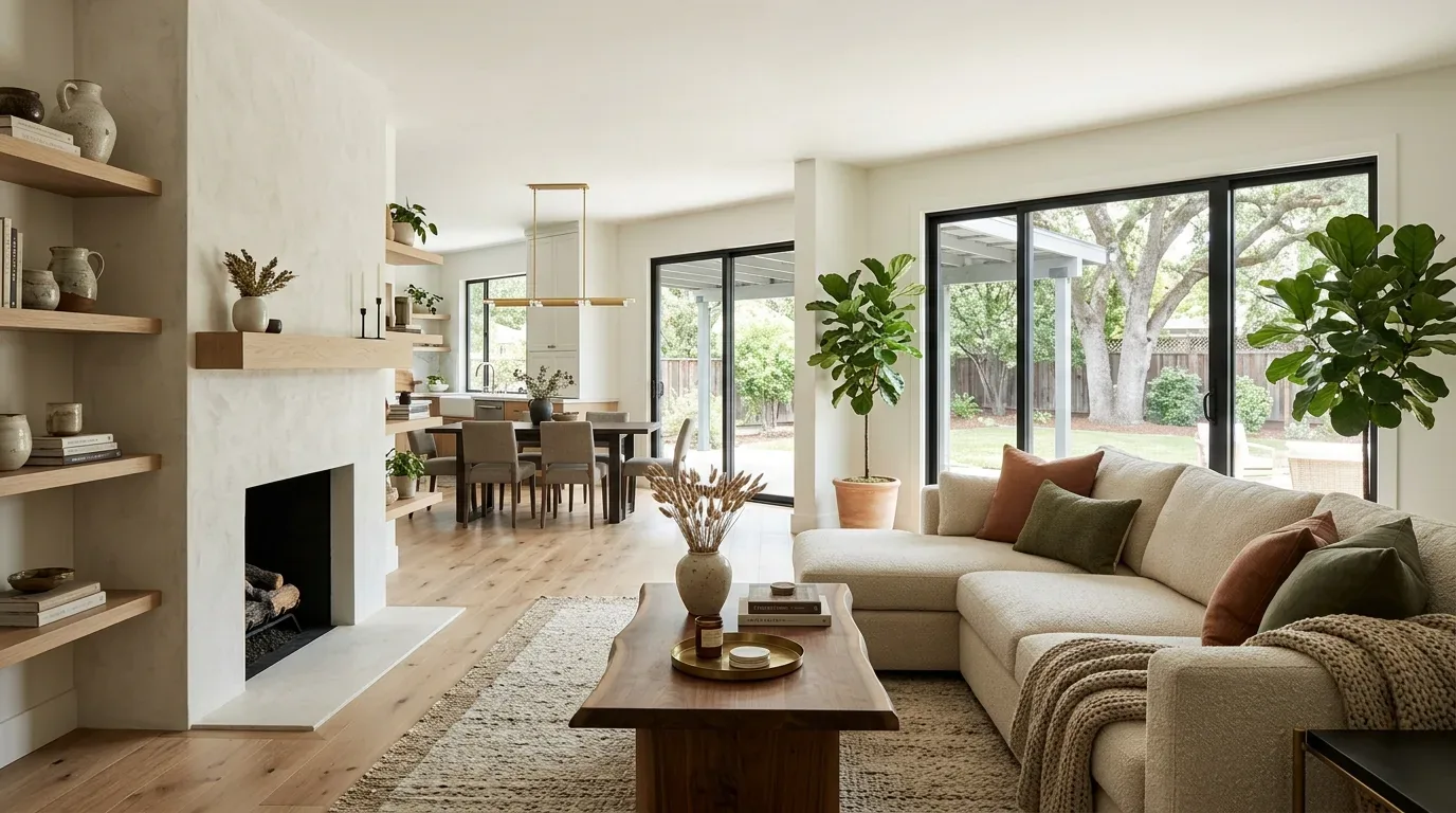 A bright and airy living room with a large sectional sofa, wooden coffee table, fireplace, and large windows overlooking a backyard