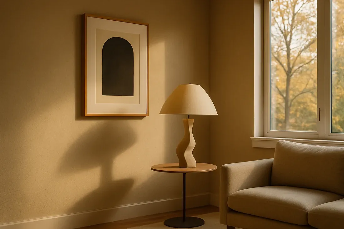 A modern living room corner with a white tiled fireplace, a woven basket with a blanket, a small side