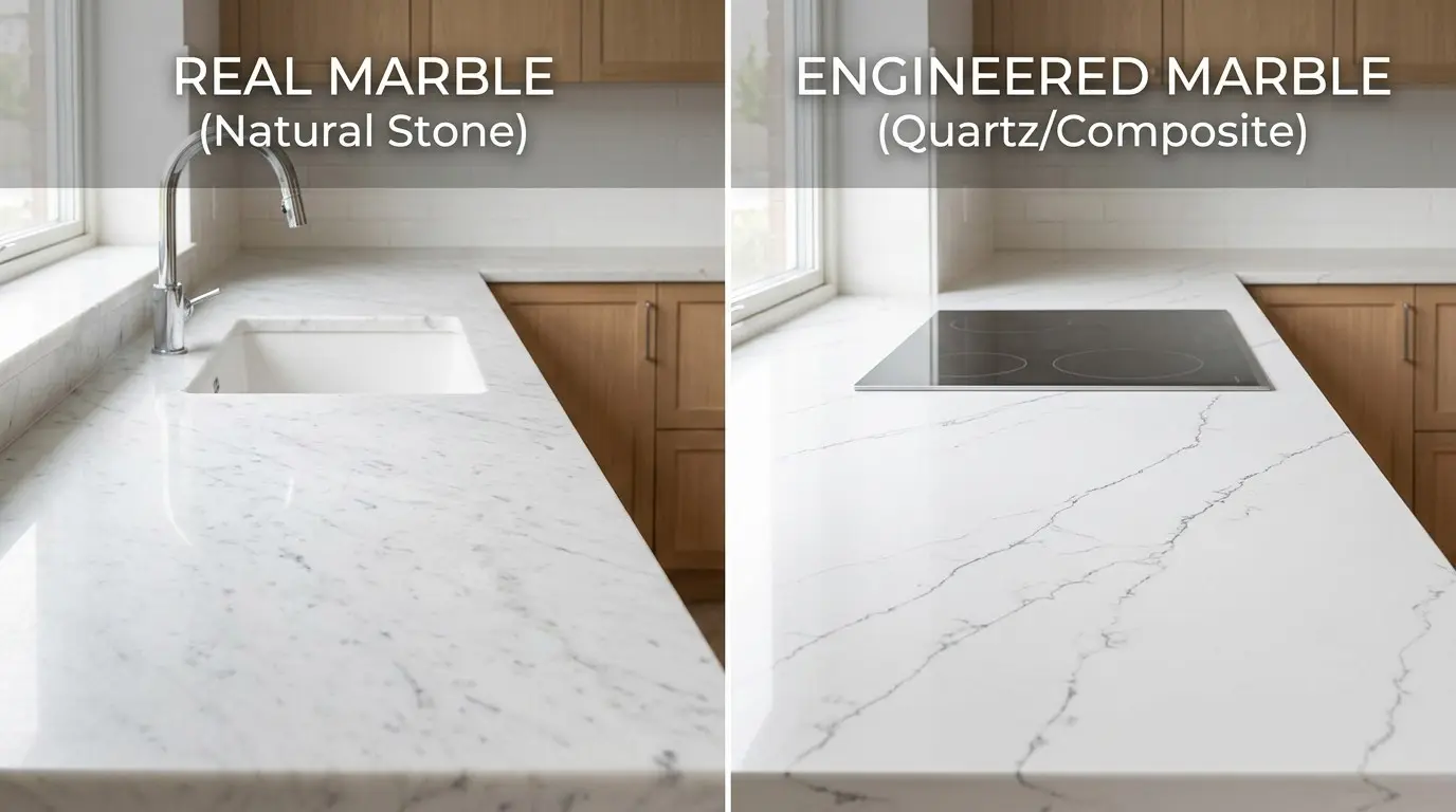 Side-by-side comparison of two kitchen countertops, one made of real marble with a sink and the other made