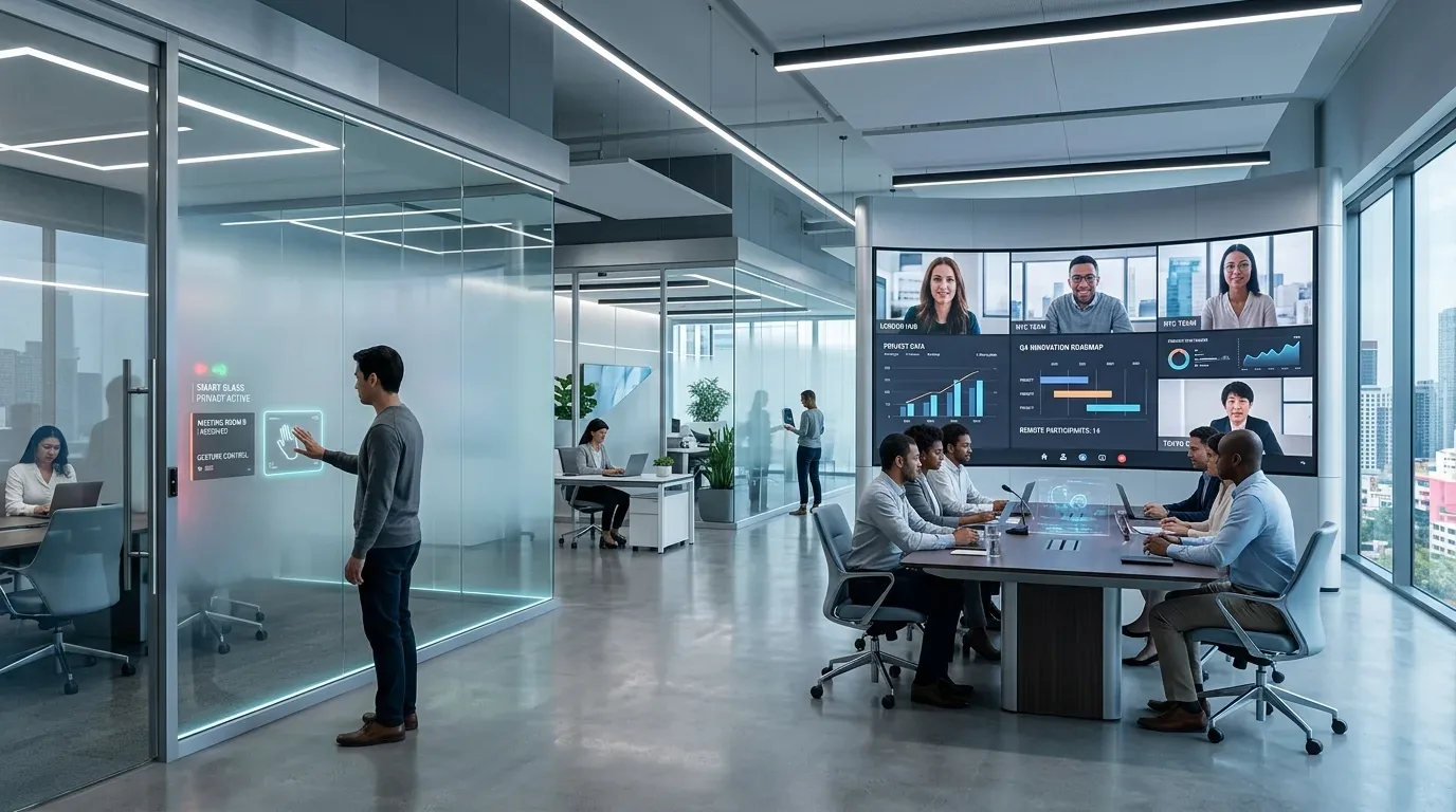A modern office space with a glass-walled meeting room where a man uses gesture control, and a group of people are in a video conference around a large table