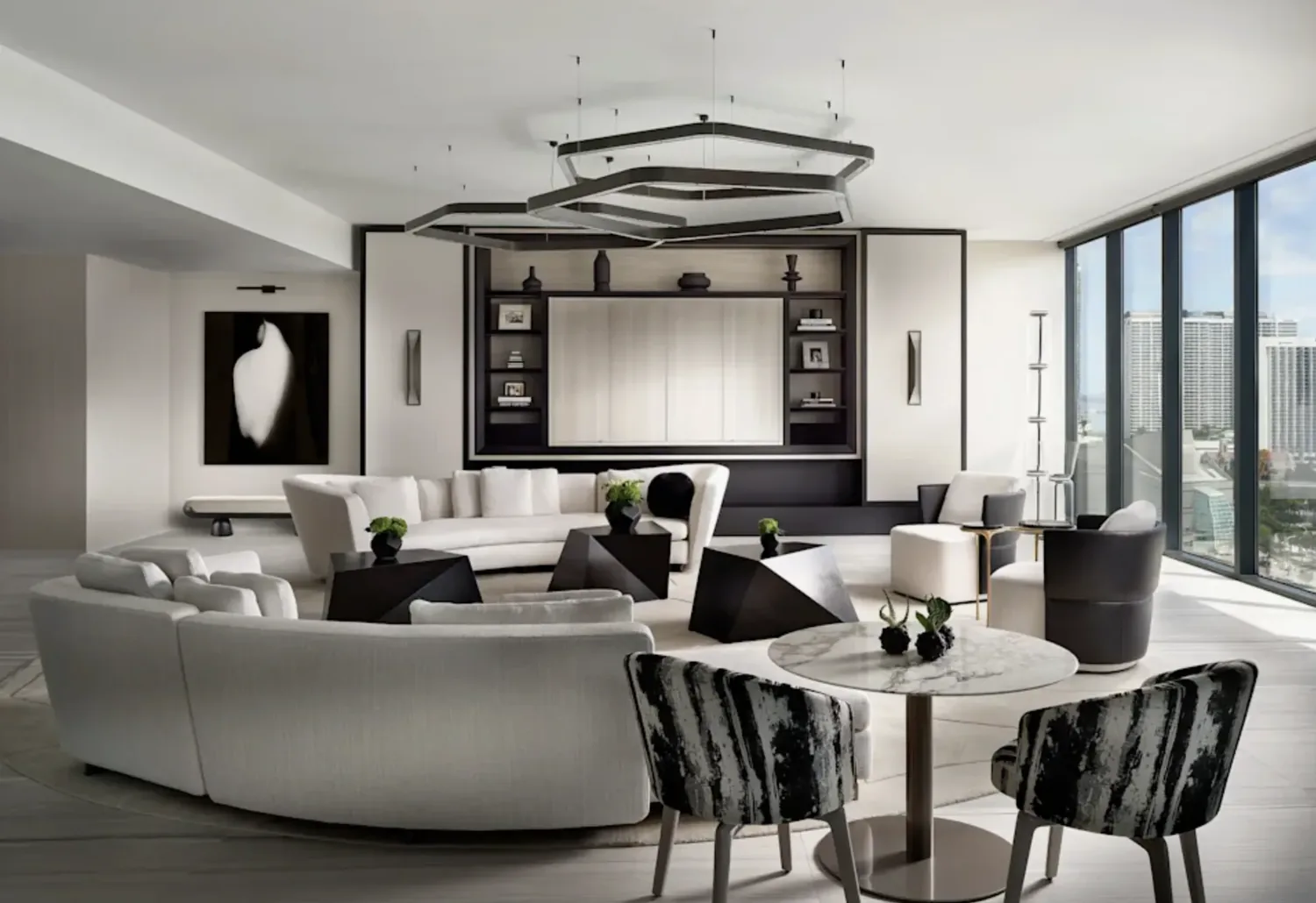 A modern living room with curved white sofas, geometric black coffee tables, large windows with city views