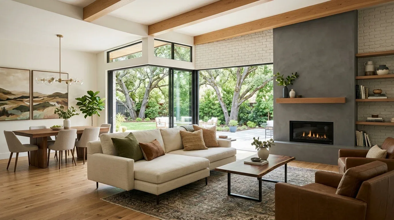 A modern living and dining room with large windows overlooking a garden, featuring a beige sectional sofa, leather