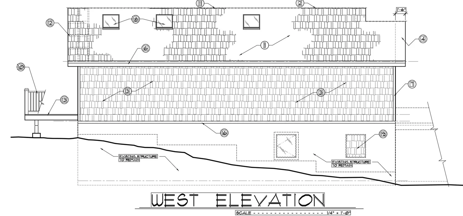 Architectural drawing showing the west elevation of a building with detailed annotations and measurements