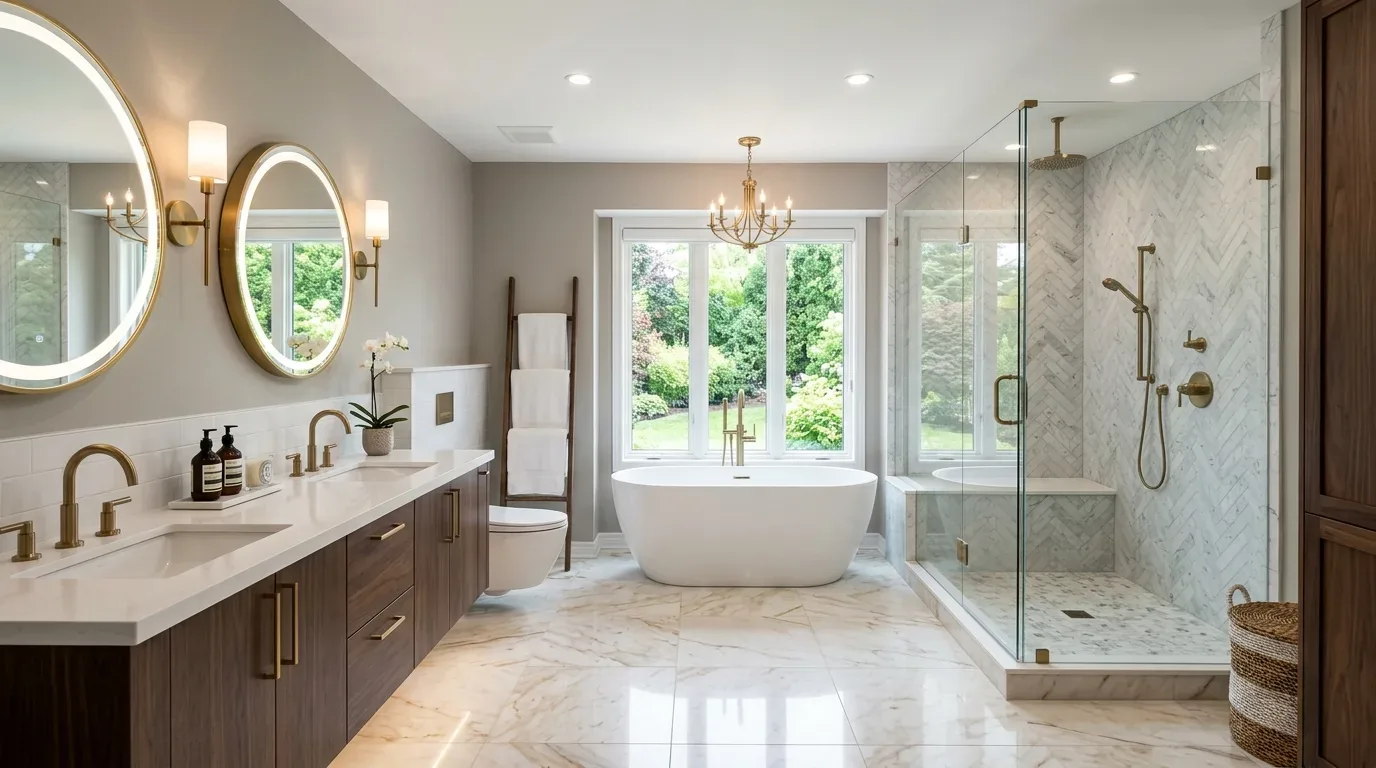 A bathroom vanity with a black cabinet, white countertop, gold fixtures, a large dark framed mirror, and green floral wallpaper