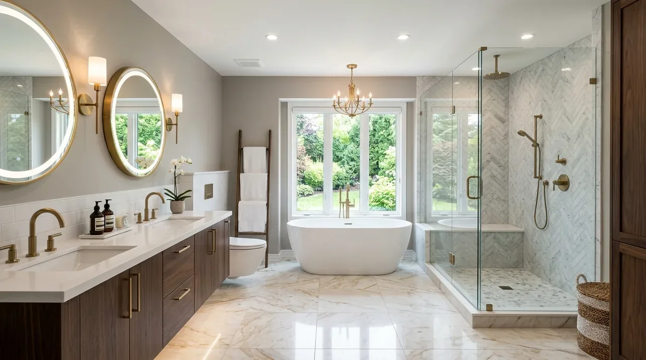 A modern bathroom with a double vanity, round mirrors, a freestanding bathtub, and a glass-enclosed shower with marble tile