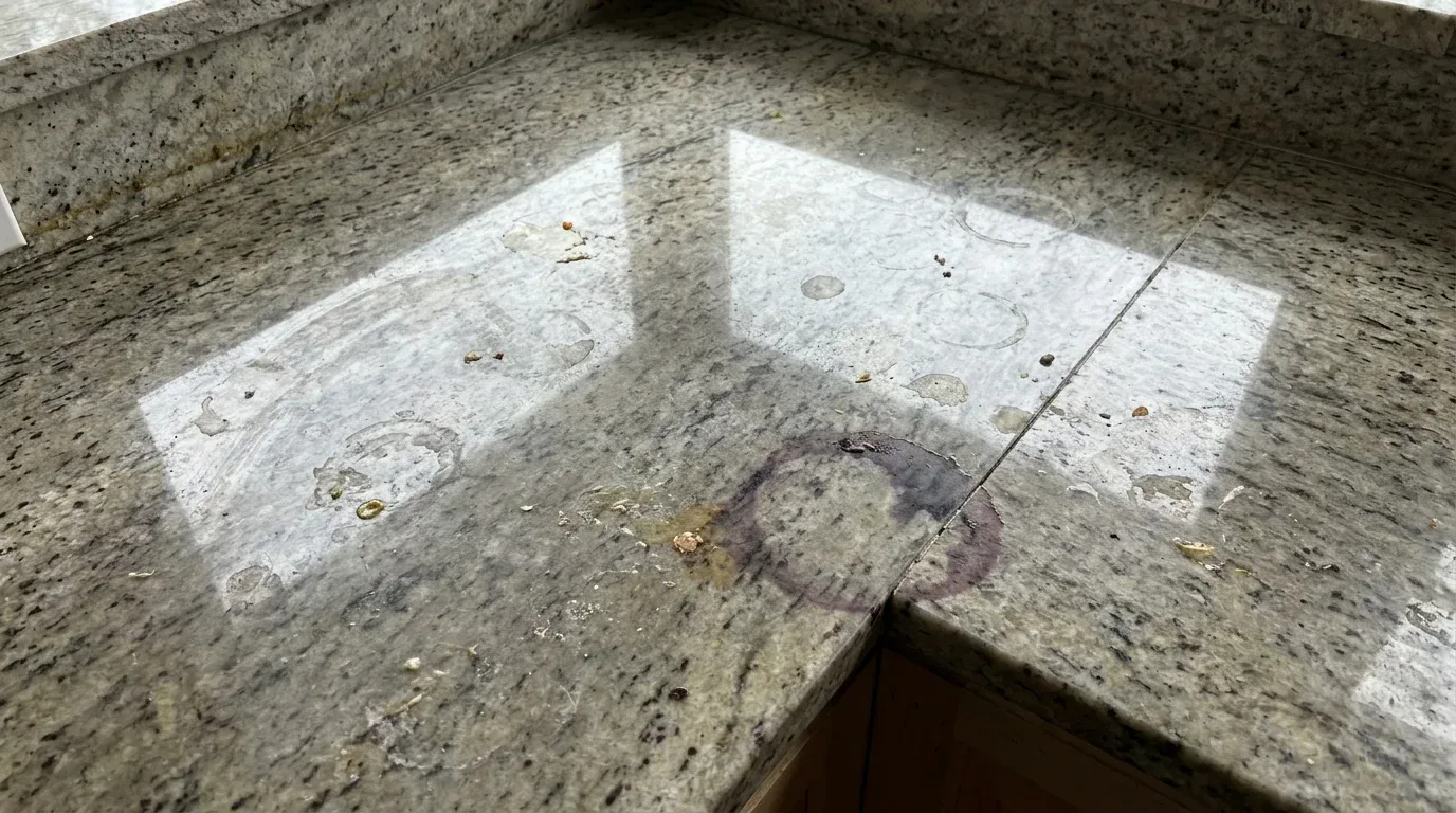 Close-up of a stained granite kitchen counter