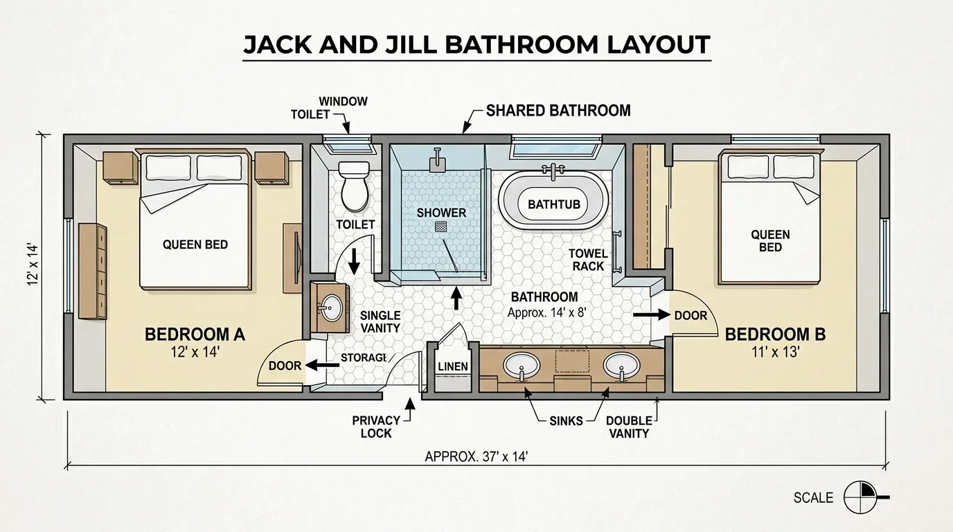 Jack and Jill plan: Two bedrooms share this bath. Each has a queen bed