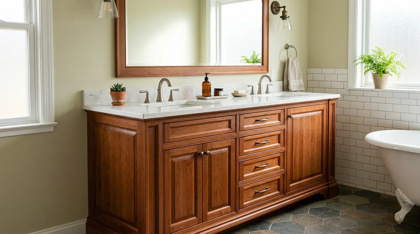 A bathroom vanity with wooden cabinets, a large mirror, white subway tile walls, and a glass shower enclosure