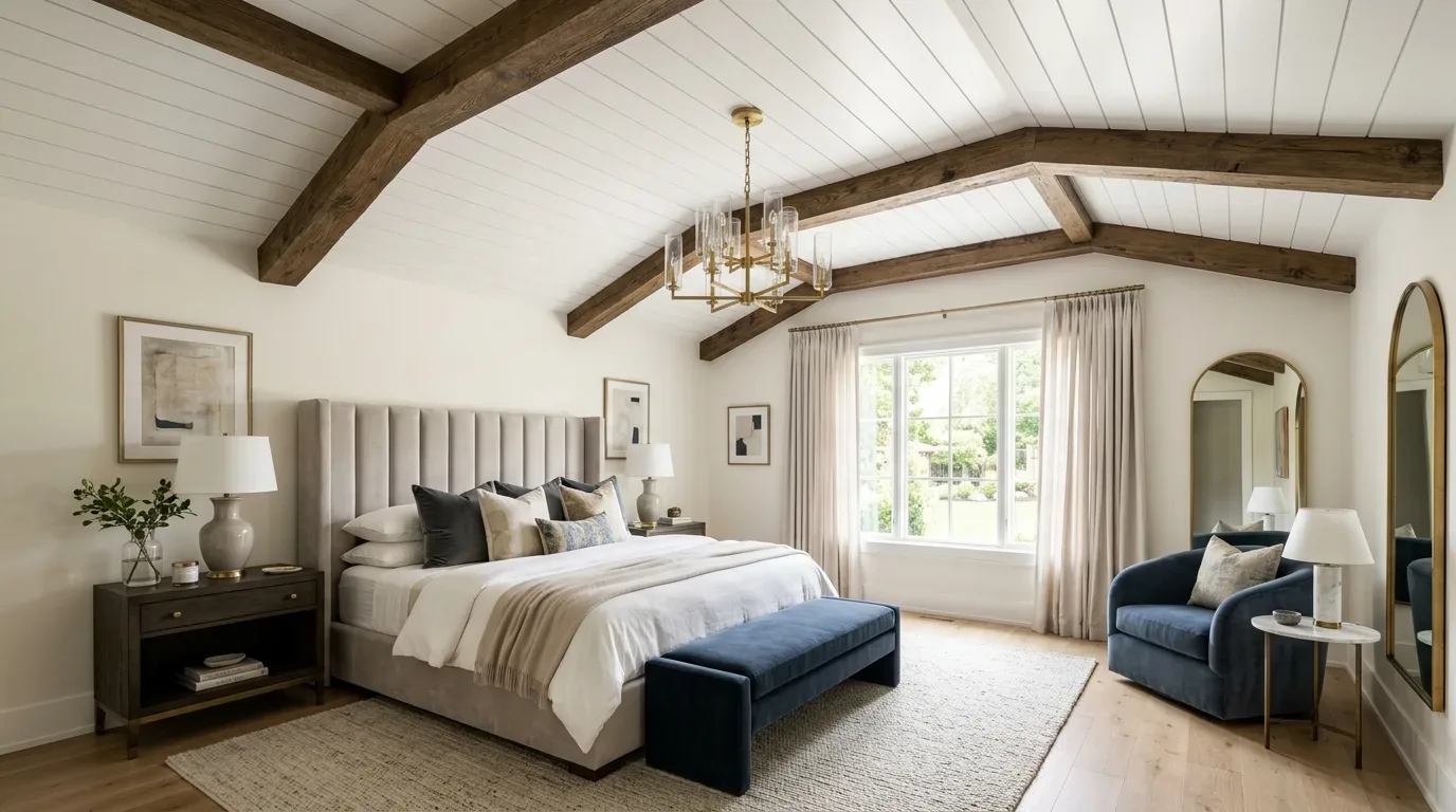 Think of a room with wood beams, a big bed, maybe a navy chair. Neutral walls