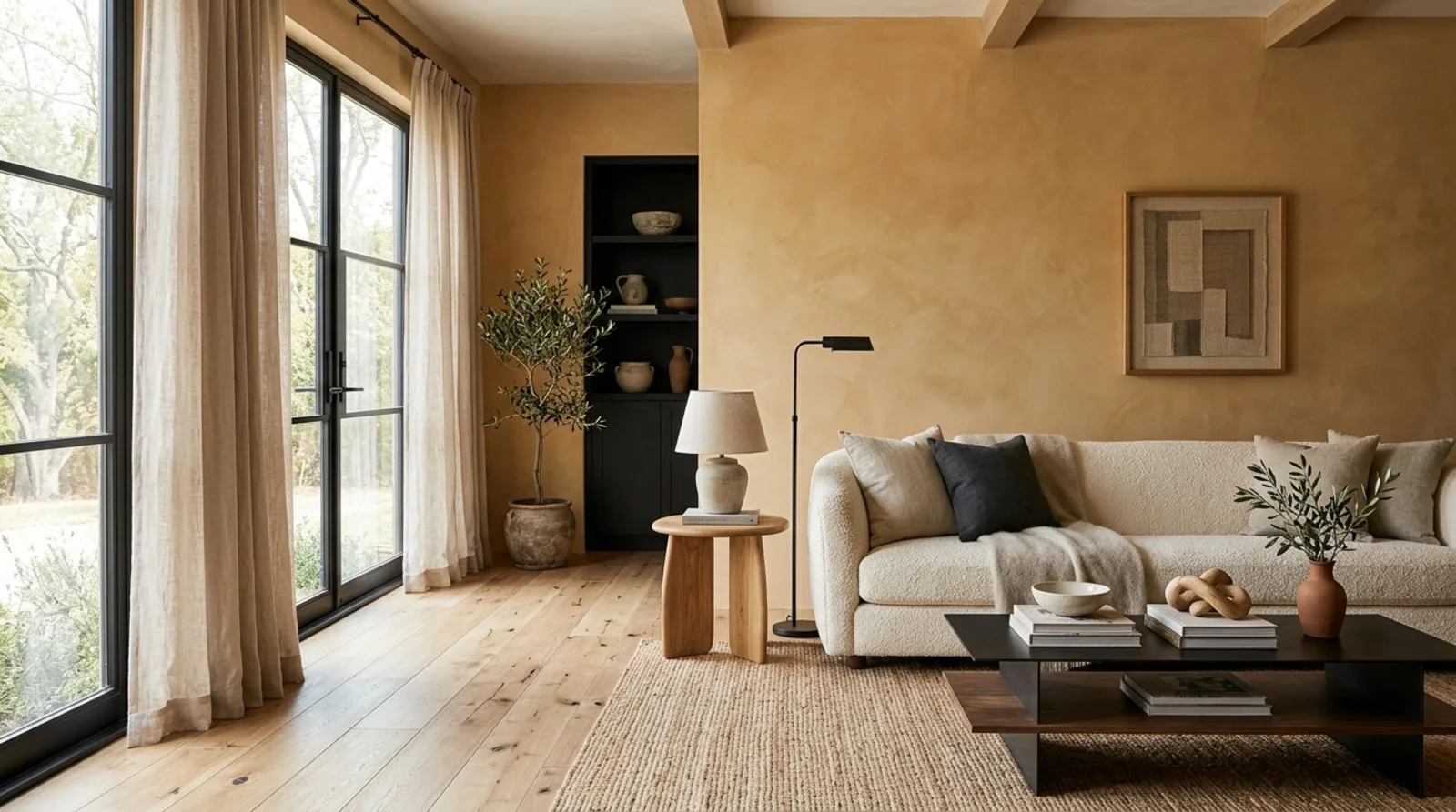Living room with Soft Amber plaster walls, black steel windows, and a black built-in display nook