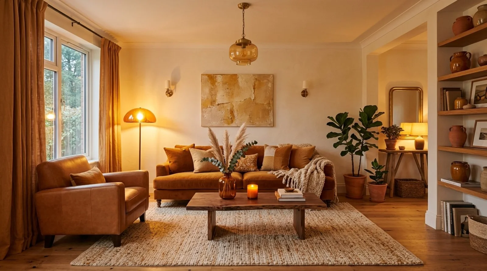 Evening living room in amber and caramel tones with a leather armchair, rust velvet sofa, and warm lamplight