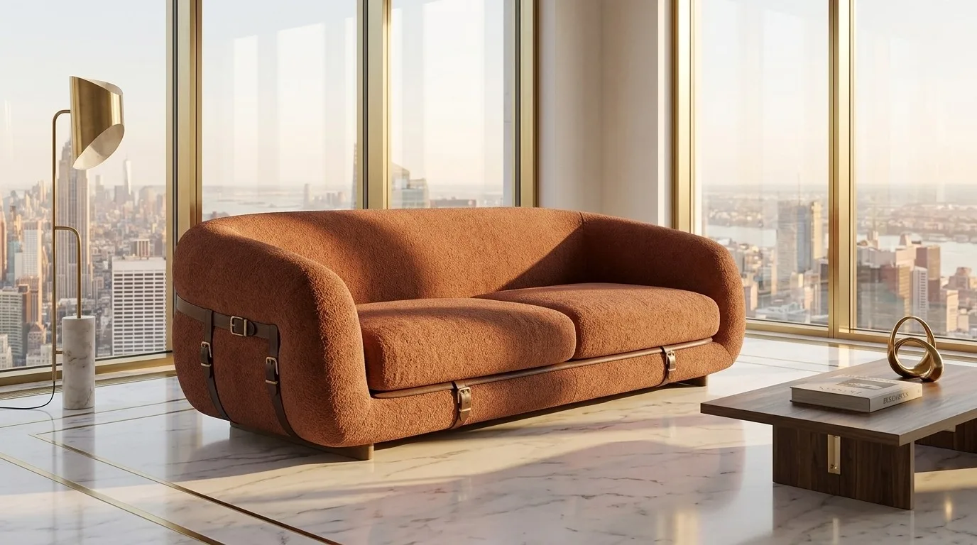 Terracotta boucle Blair sofa with leather straps in a high-rise living room with brass floor lamp, marble floor, and city skyline windows