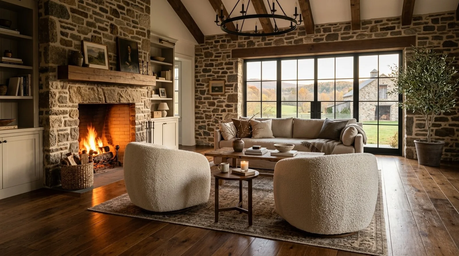 Living room with a stone fireplace and two cream boucle swivel chairs under exposed beams