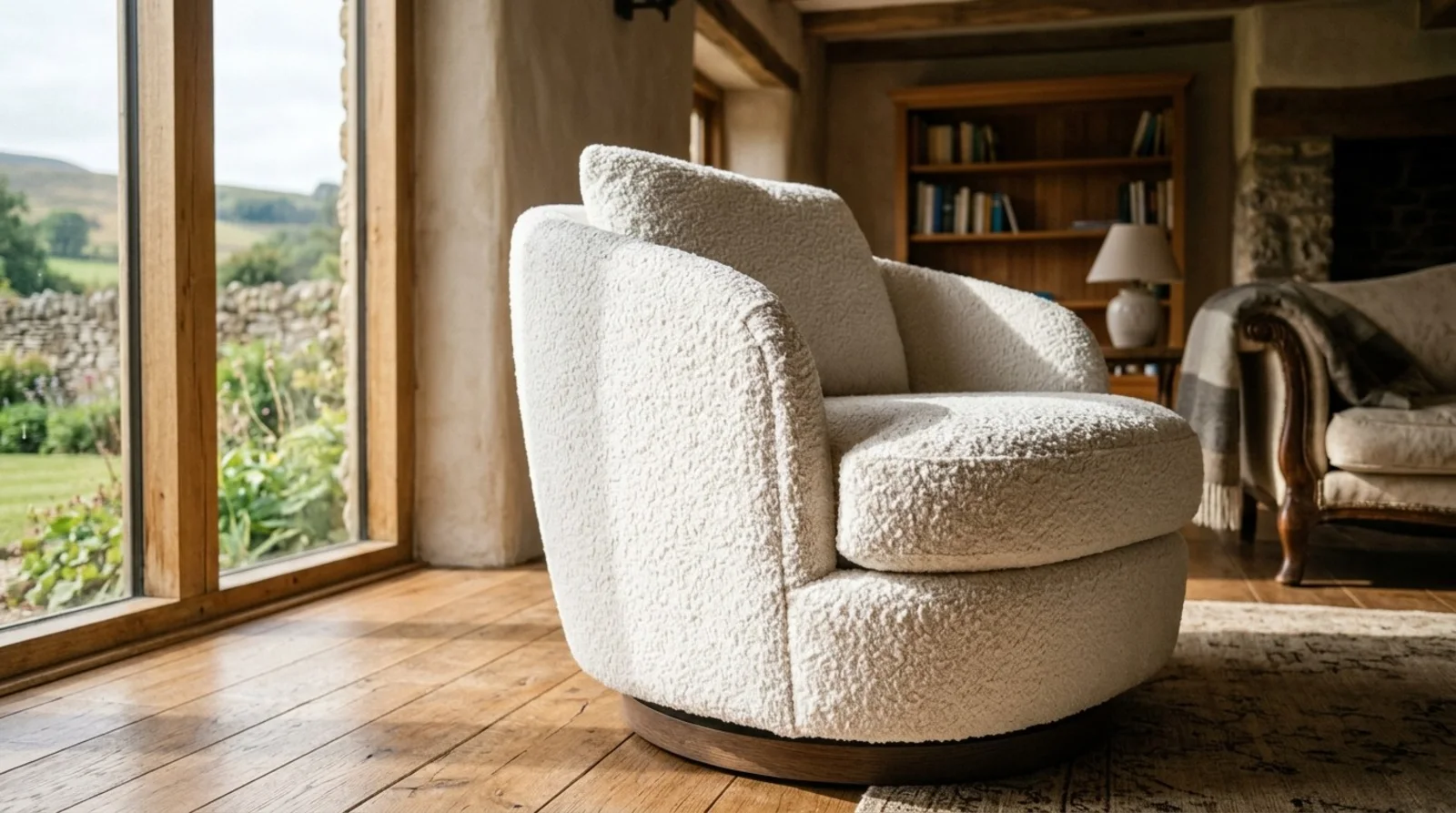 Cream boucle swivel armchair with a walnut plinth base in front of a picture window
