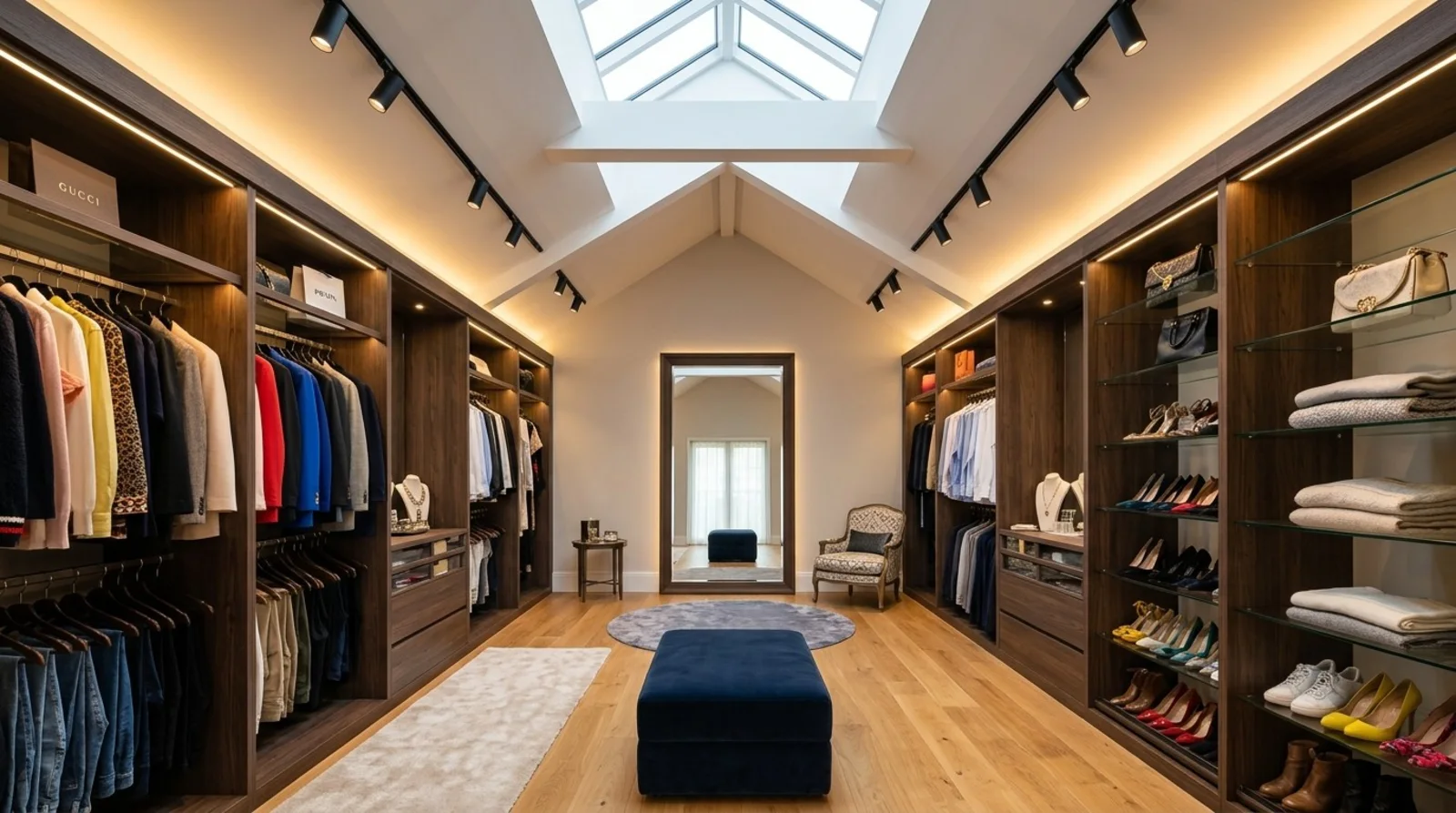Vaulted closet with a skylight, layering natural daylight with warm LED downlights along both walls of shelving