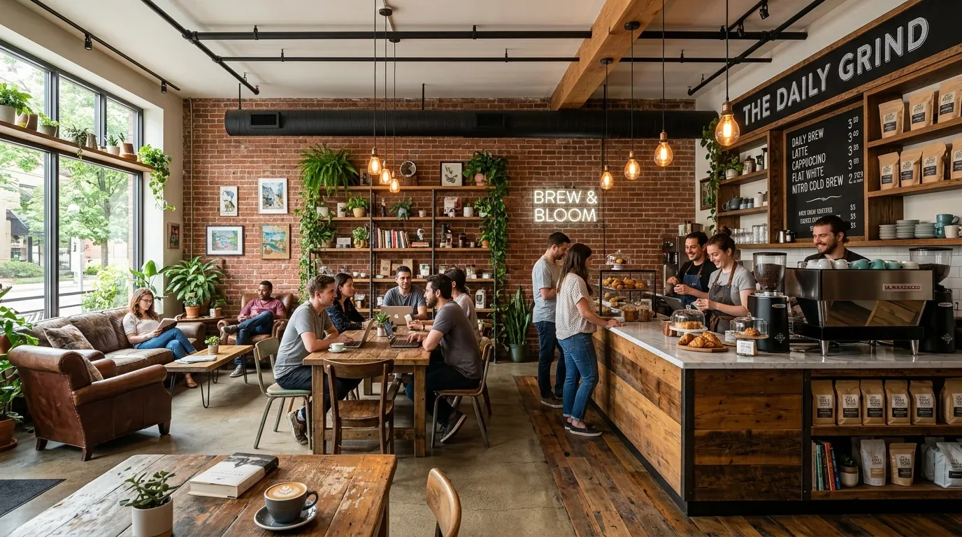 A cozy coffee shop interior with wooden counters, exposed brick walls, and customers working and socializing at small tables