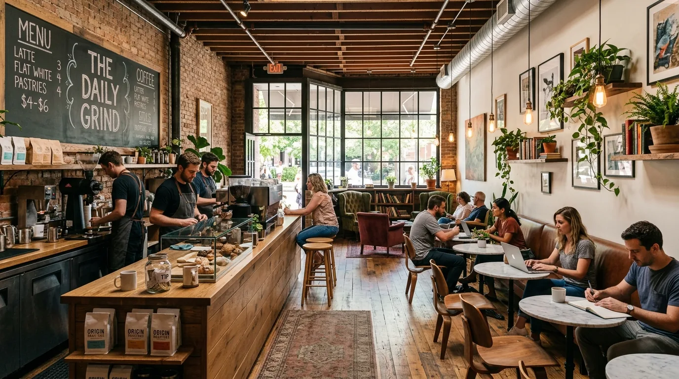 A cozy coffee shop interior with exposed brick walls, wooden furniture, and people enjoying coffee and working on laptops