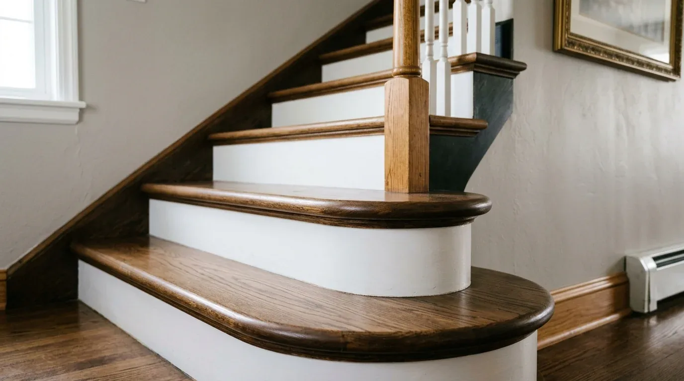 Close-up of a wooden staircase with white risers and dark wood treads in a home interior