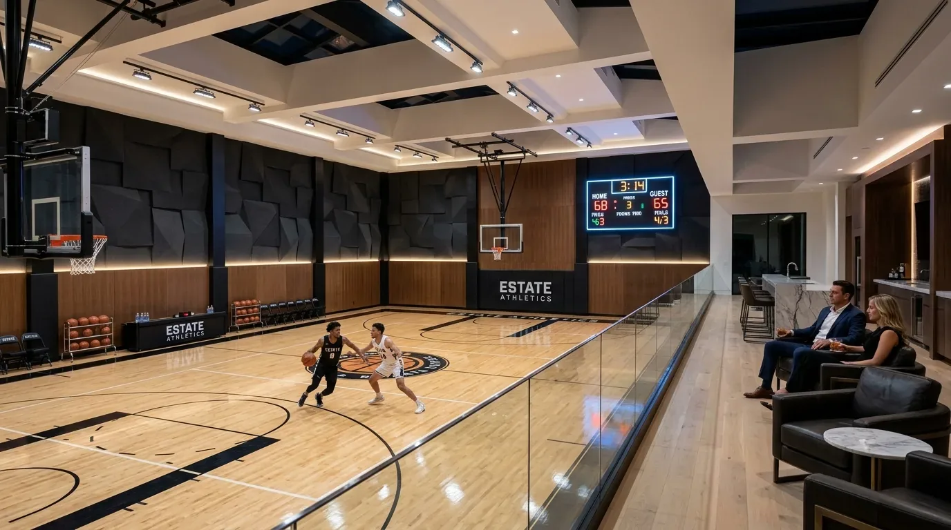 A modern indoor basketball court with two players in action and a seating area with two people watching