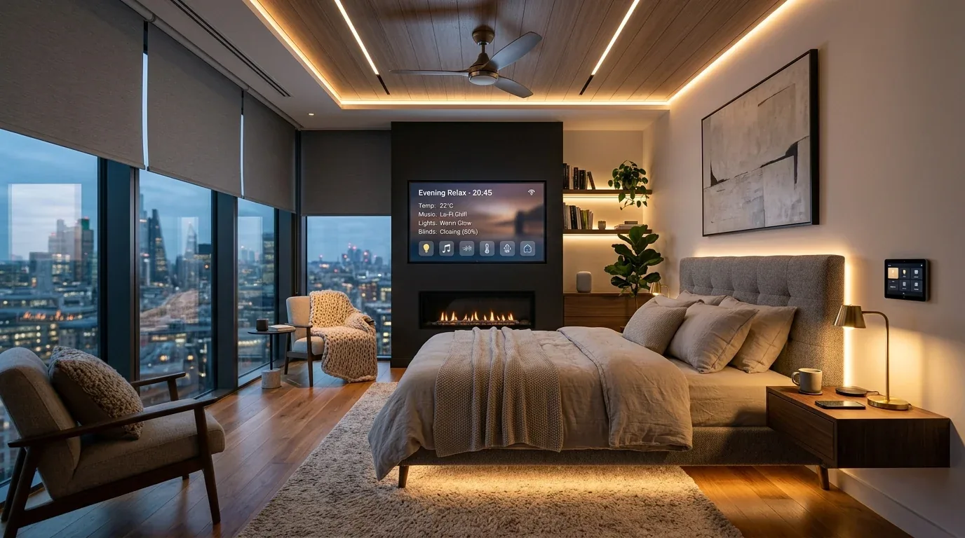 A modern bedroom with large windows overlooking a cityscape, featuring a bed with ambient lighting, a fireplace, and smart home controls