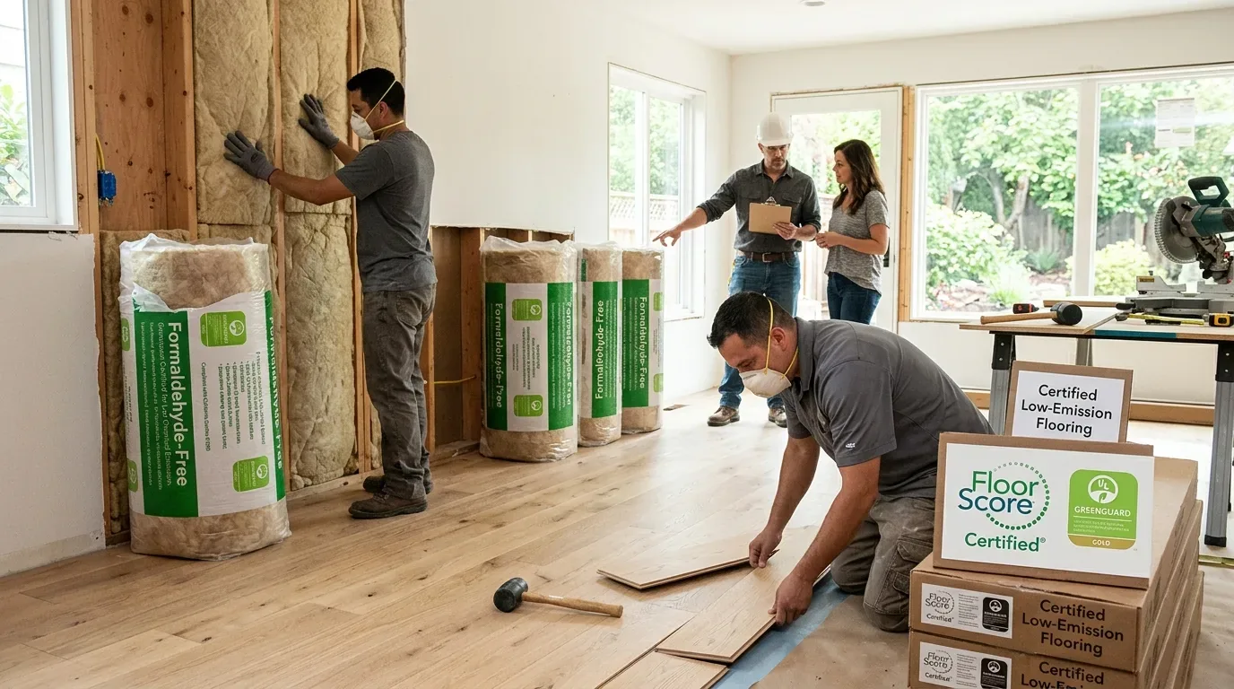 Workers installing insulation and flooring in a bright room with large windows, showcasing certified low-emission