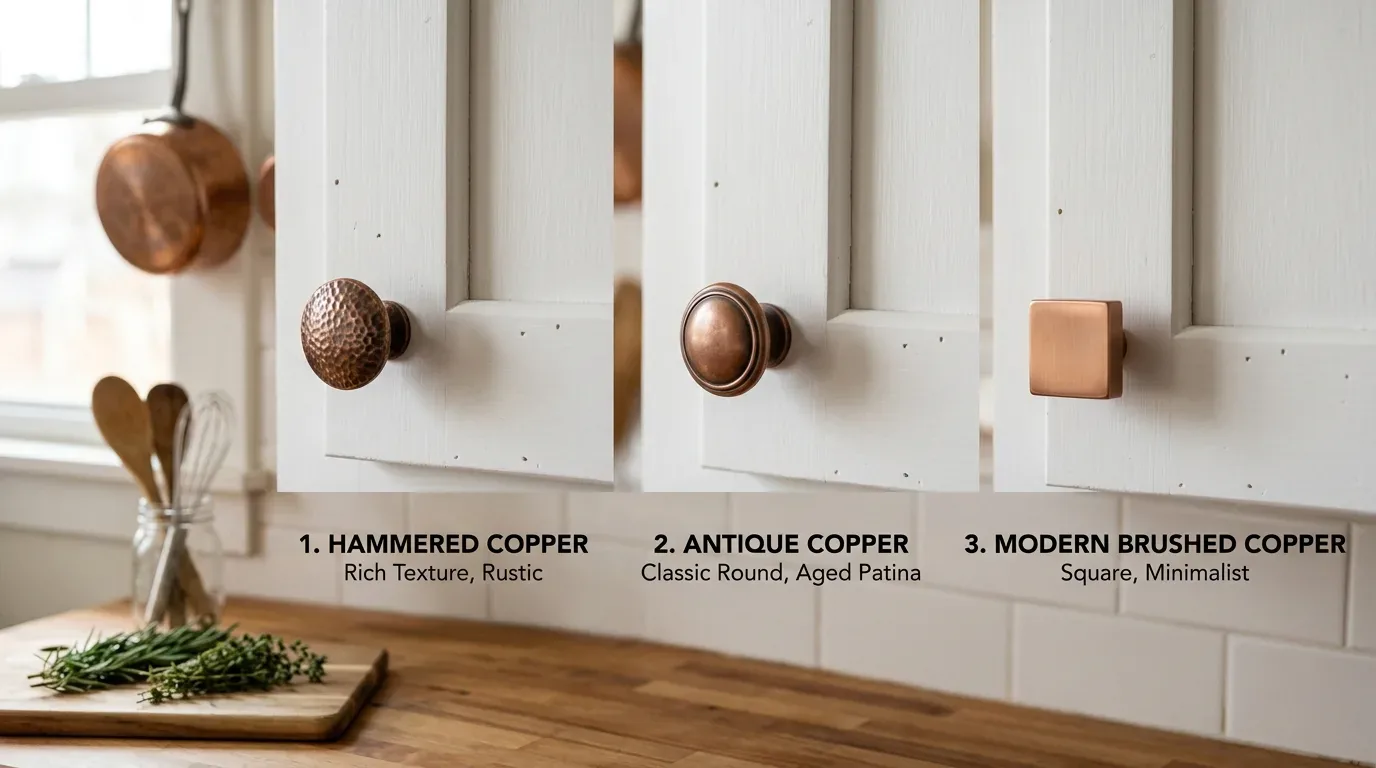 Three types of copper cabinet knobs displayed on white kitchen cabinet doors above a wooden countertop with herbs and kitchen utensils