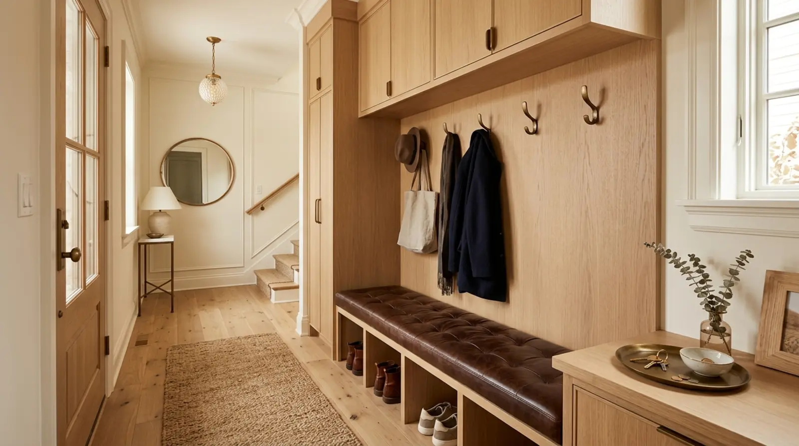 Entryway hallway with white oak cabinetry, tufted espresso leather bench, brass double hooks, and a jute runner over wide plank oak floors