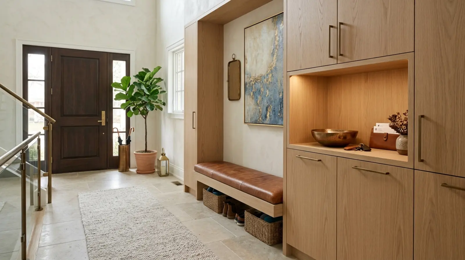 Formal foyer with a dark walnut front door, white oak floating bench, lit display niche, and travertine floors