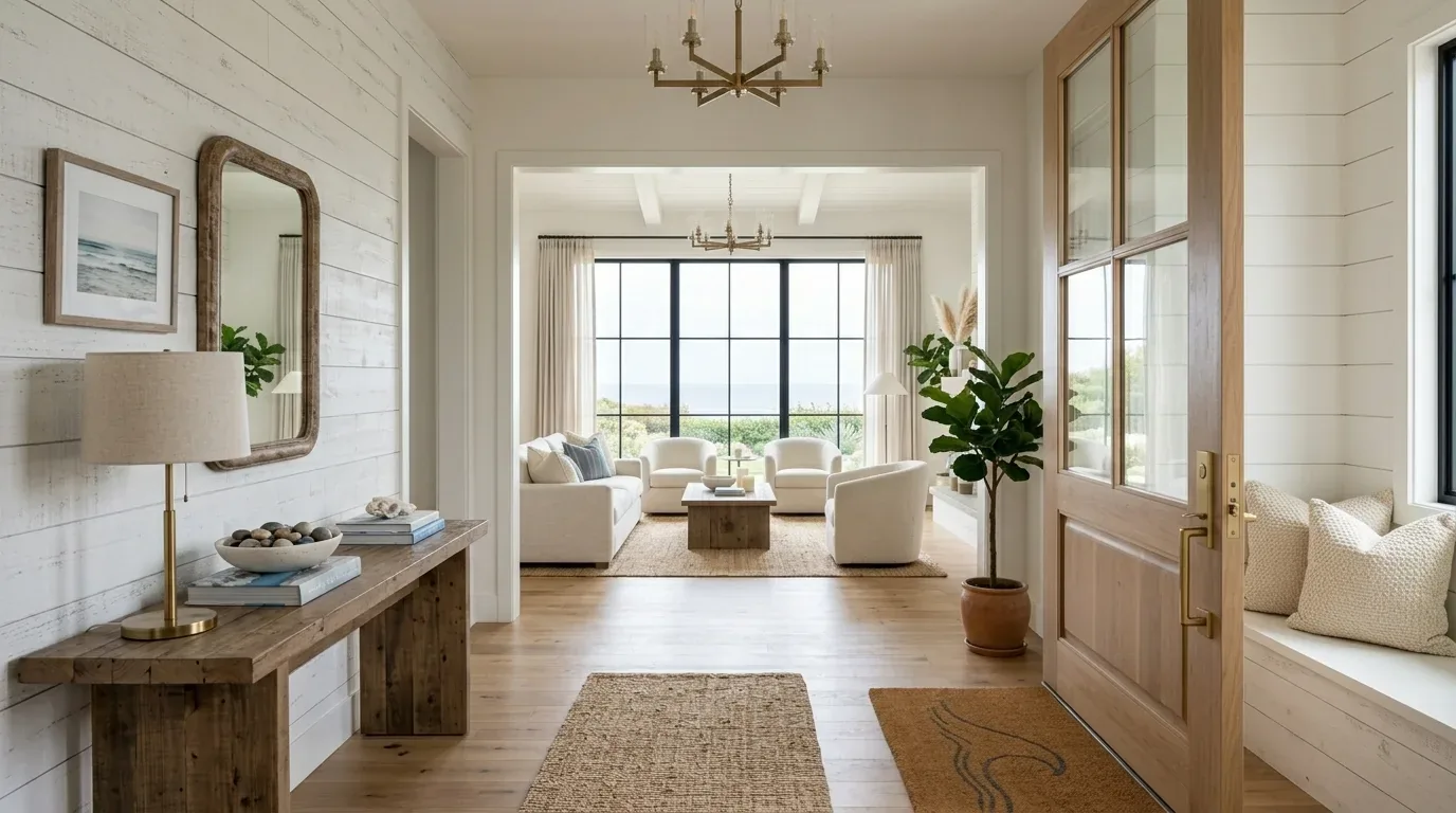 A bright and airy living room and entryway with white walls, wooden floors, neutral furniture, and large windows overlooking greenery