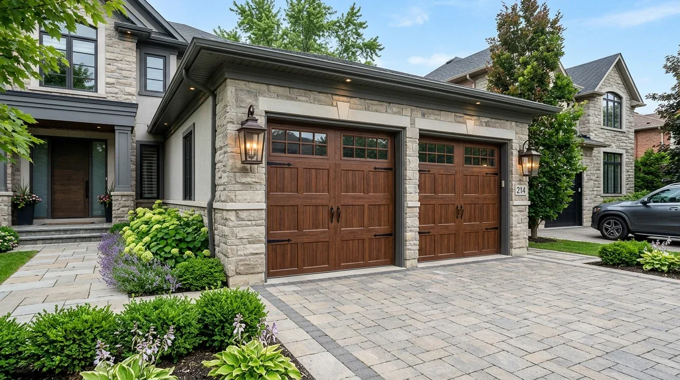 Exterior view of a modern stone house with a double wooden garage door and landscaped front yard