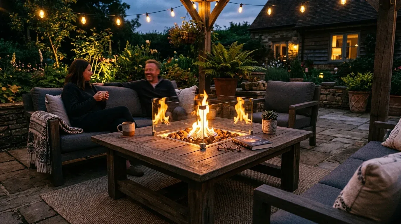 An outdoor patio seating area at dusk with a fire pit table, string lights, and two people sitting on a sofa
