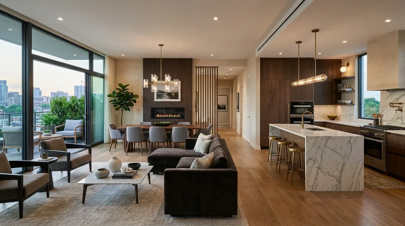 Marble countertops and wood cabinets in an open concept living area, with big windows looking out over the city