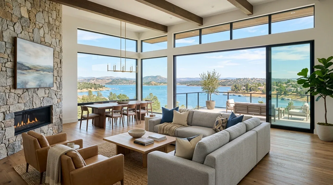 A modern living and dining area with large windows overlooking a lake and mountains, featuring a stone fireplace