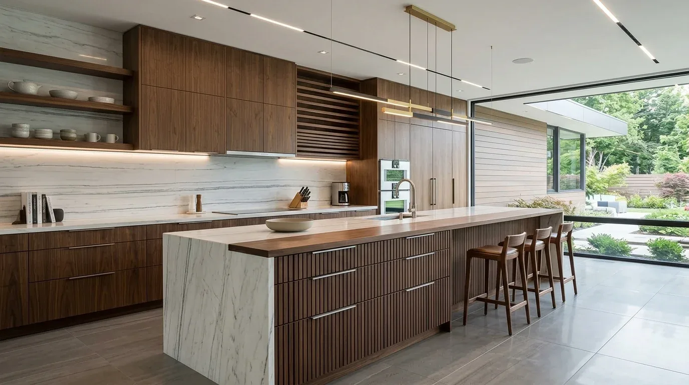 A modern kitchen with a large marble and wood island, wooden cabinetry, and a large window overlooking a garden