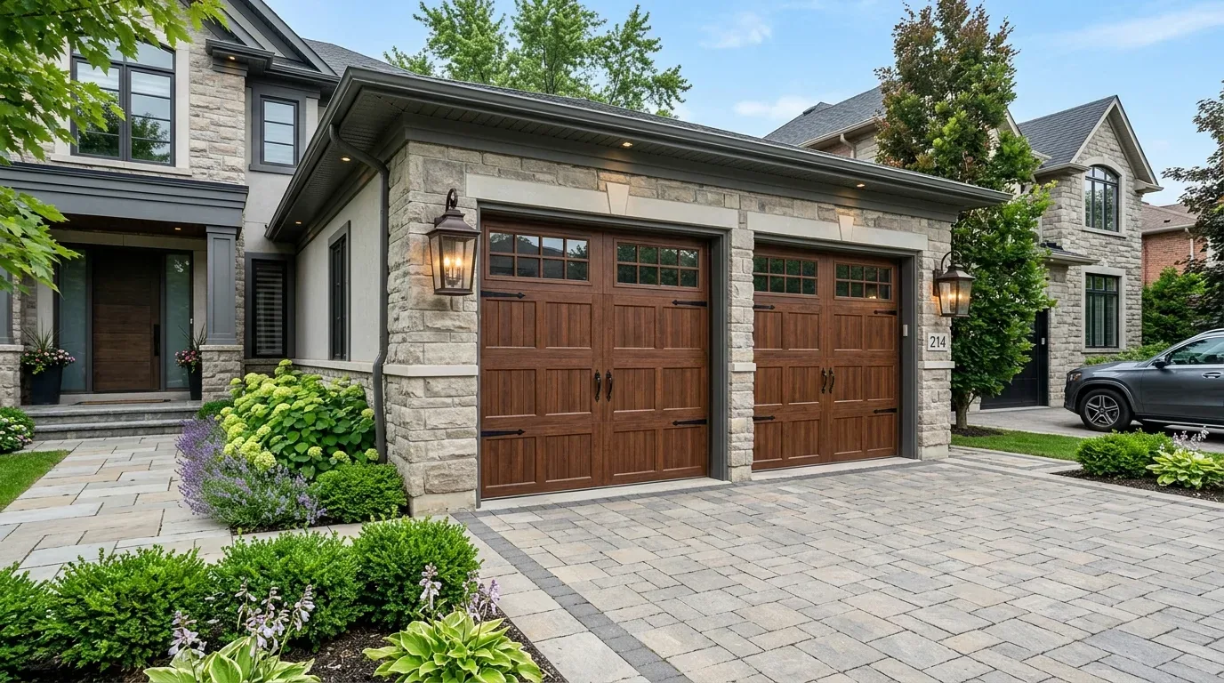 Exterior view of a modern stone house with a double wooden garage door and landscaped front yard