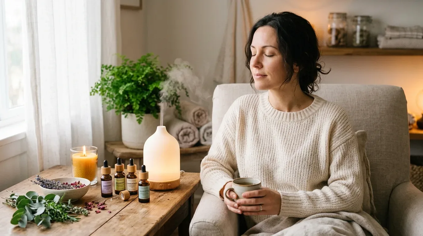A woman sitting in a cozy living room with a cup in hand, next to a wooden table holding essential oils, a diffuser, a candle, and plants