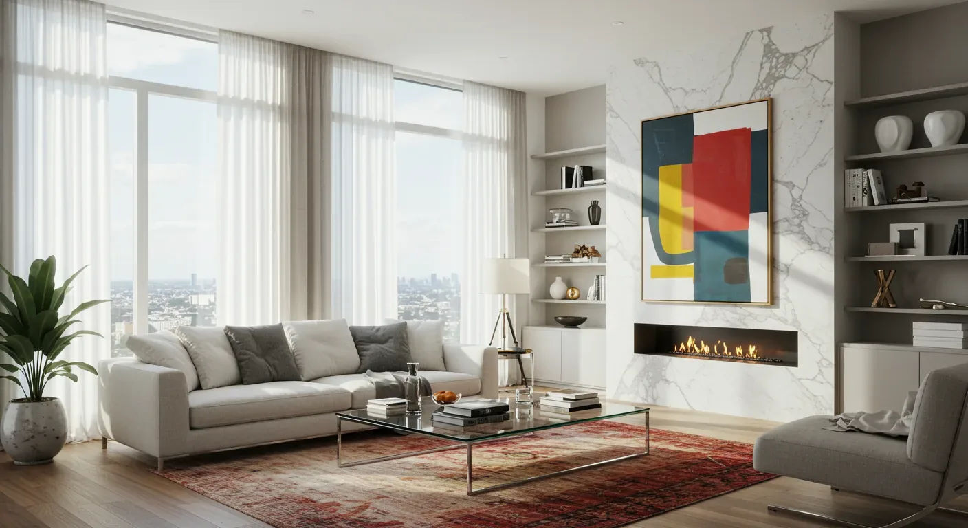 A modern living room with large windows, a white sofa, a glass coffee table, a fireplace with marble surround, and built-in shelves