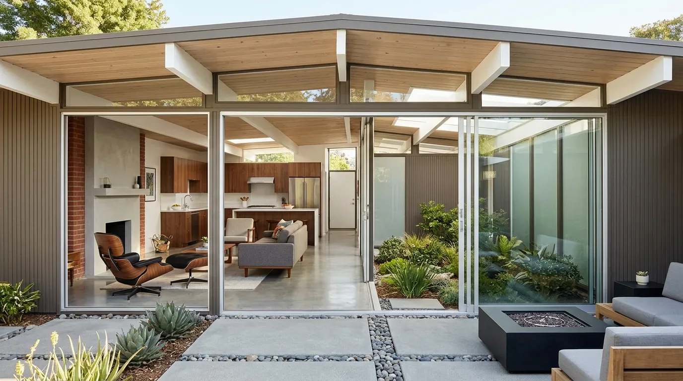 A modern open-concept living room and kitchen with large glass sliding doors opening to a landscaped outdoor patio