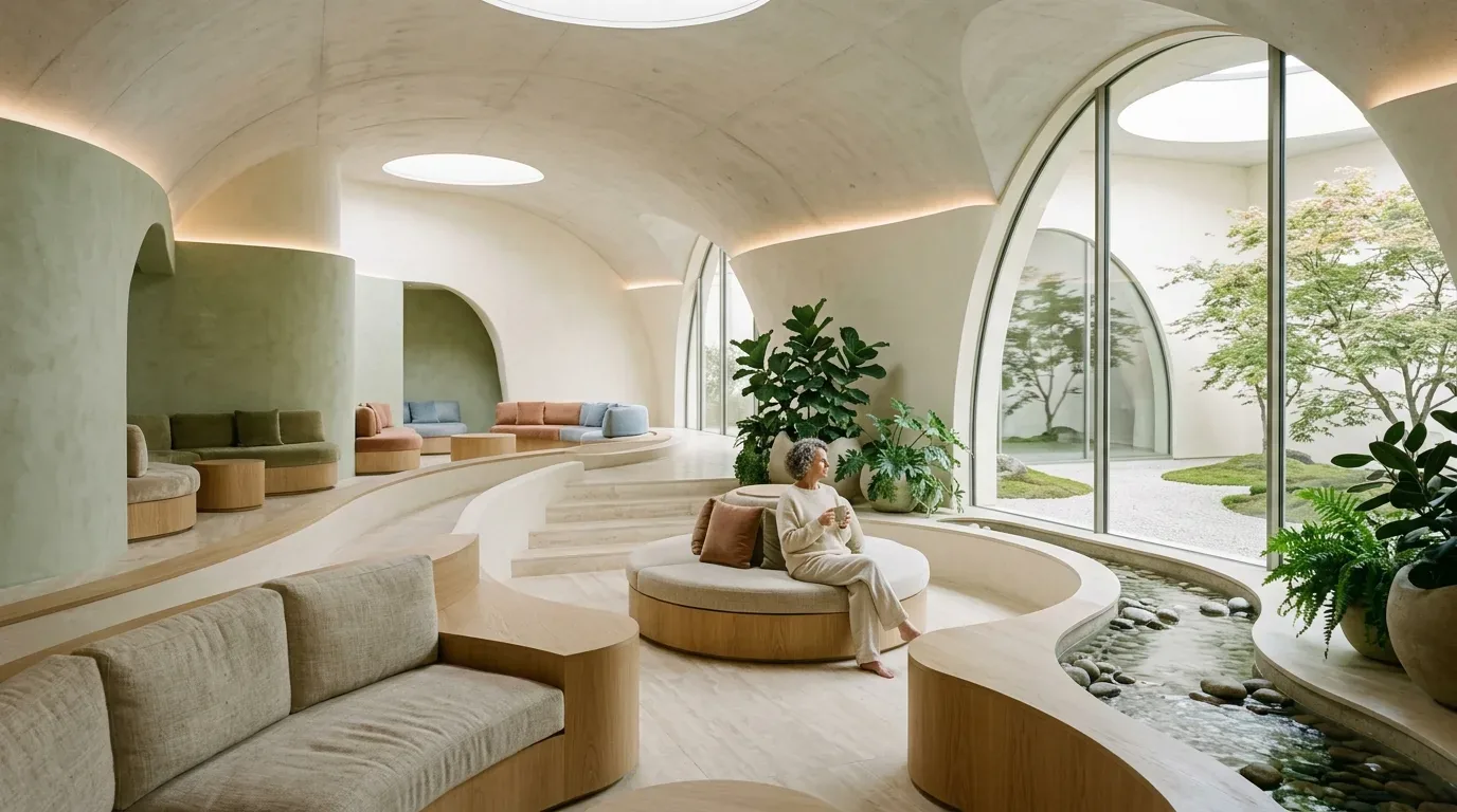 A modern, curved lounge area with built-in wooden seating, soft cushions, indoor plants, and large arched windows overlooking a minimalist garden with trees