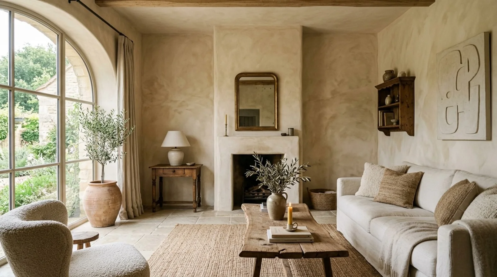 Living room with limewash plaster walls, an arched window, and neutral linen seating