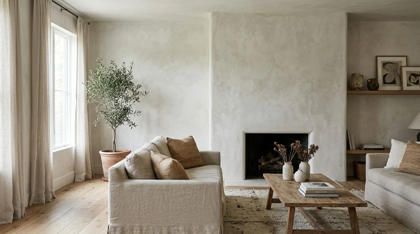 Minimal living room with a limewashed fireplace wall, linen slipcovered sofas, and white oak floors