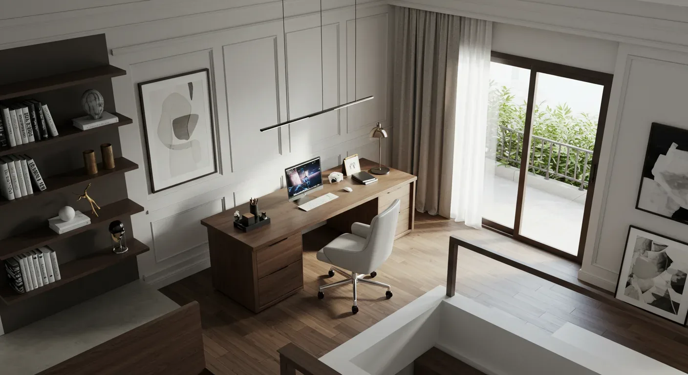 A modern home office with a wooden desk, white swivel chair, built-in shelves, abstract wall art, and large sliding glass doors leading to a balcony